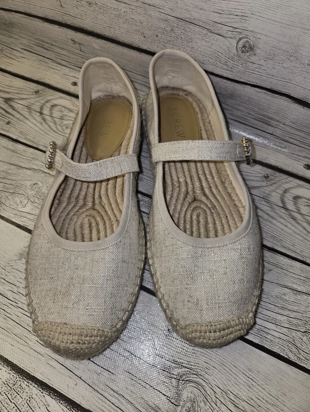J. Crew Espadrille Mary Jane Flats 8 New Linen organic cork cotton garden